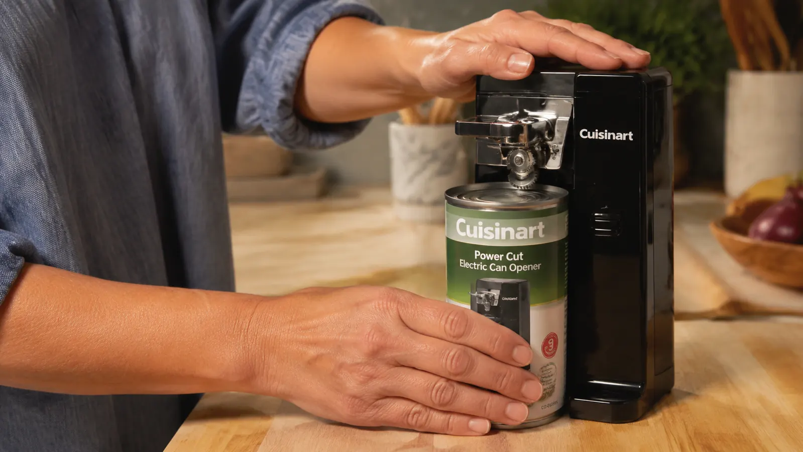 Hand placing a can under the Cuisinart electric can opener cutting wheel