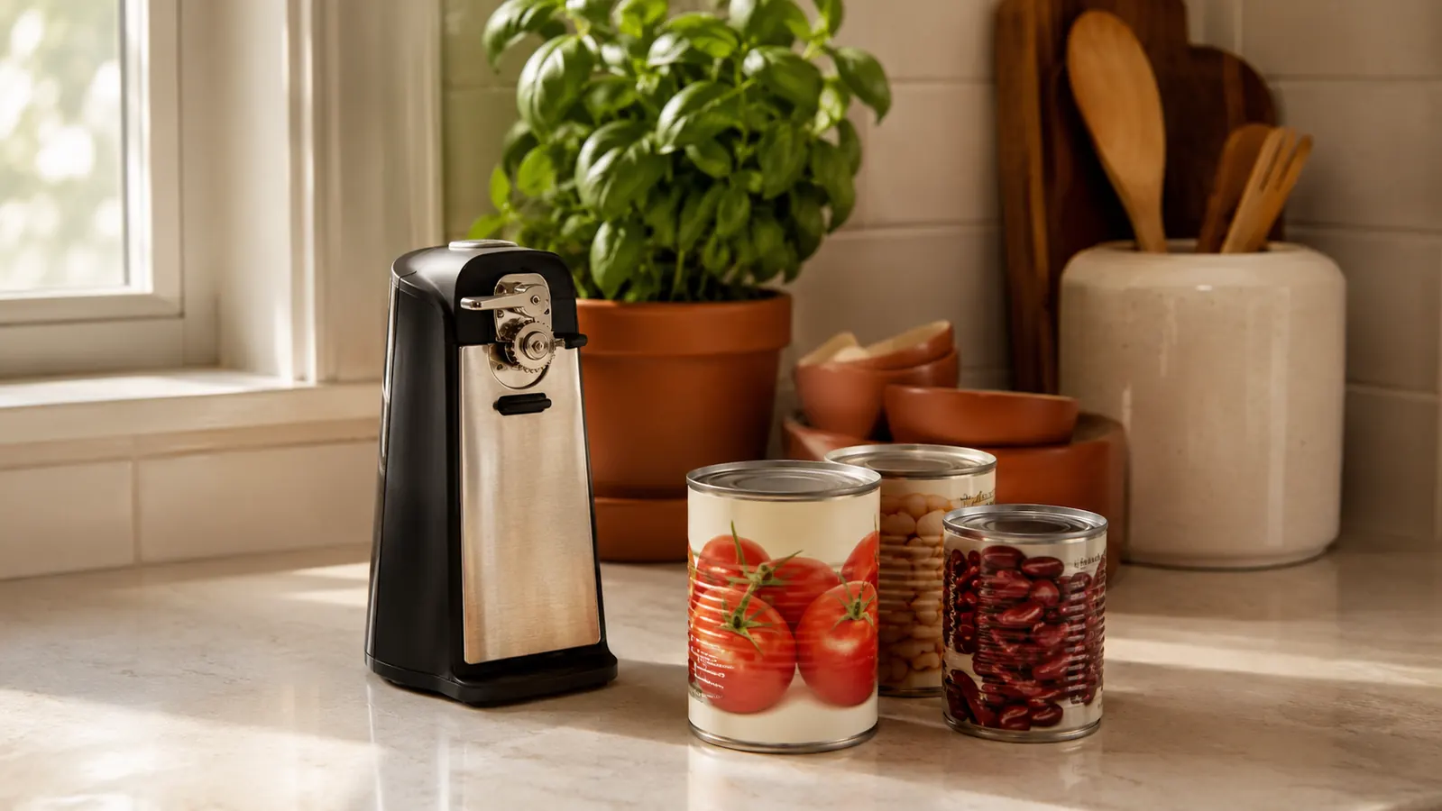 Electric can opener on a tidy kitchen counter next to a stack of canned goods