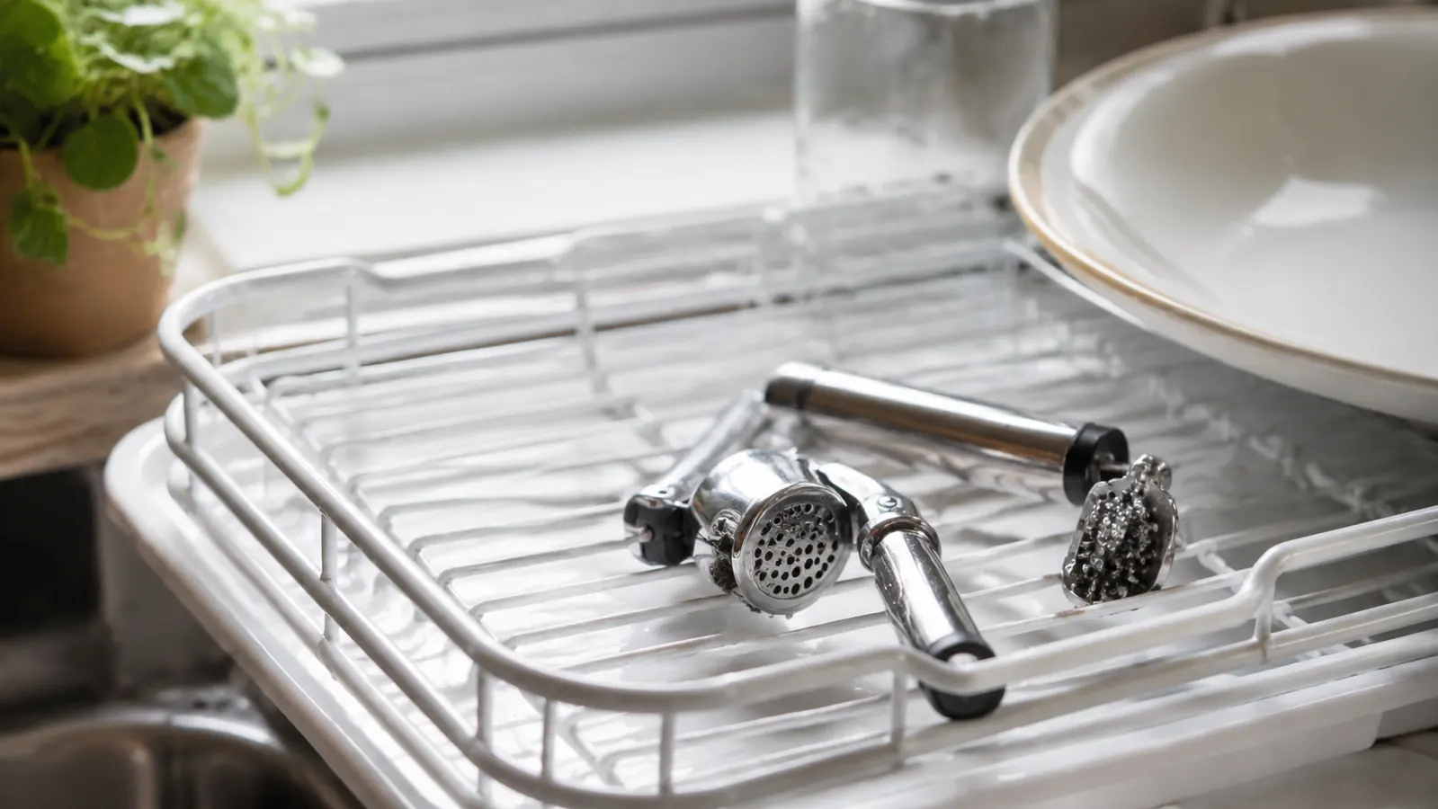 OXO garlic press disassembled on a dish rack beside the sink after cleaning