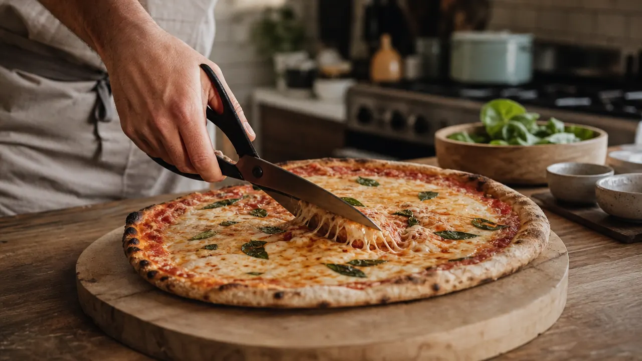 Kitchen shears cutting a pizza into slices directly on a wooden board