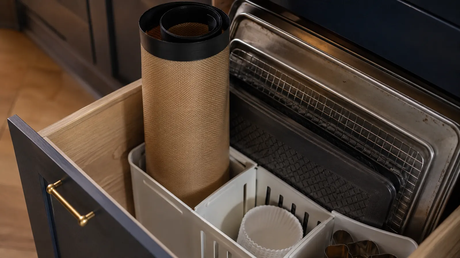 Rolled-up silicone baking mat stored in a kitchen drawer next to sheet pans