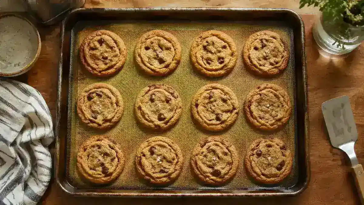 Freshly baked chocolate chip cookies on a silicone baking mat resting on a sheet pan, golden-brown and evenly colored