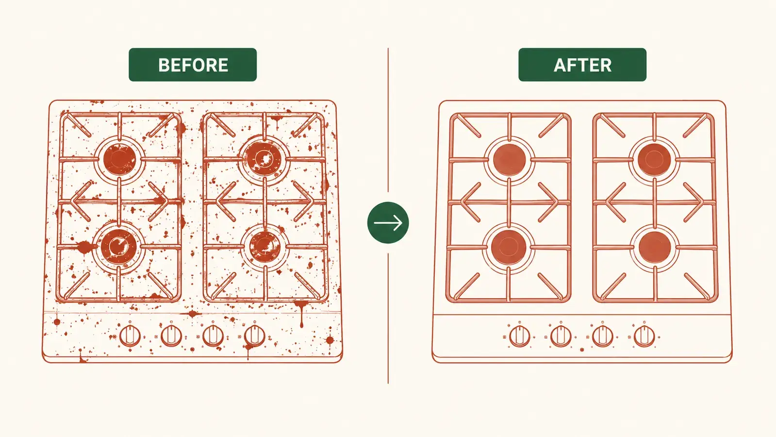 Split view comparing a greasy stovetop after frying without a screen versus a clean stovetop after frying with one