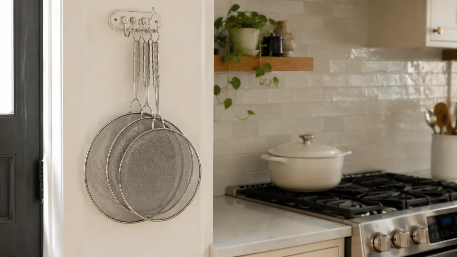 Three different sized stainless steel splatter screens hanging on a kitchen wall hook beside a stovetop