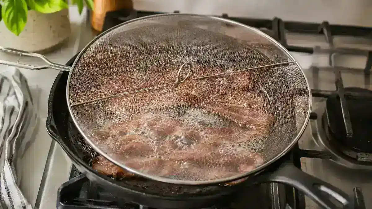 Stainless steel splatter screen sitting over a frying pan on a gas stovetop with bacon cooking underneath