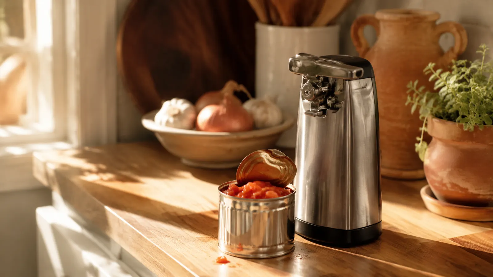 Warm kitchen counter with a stainless electric can opener next to an open can of tomatoes, soft morning light coming through the window