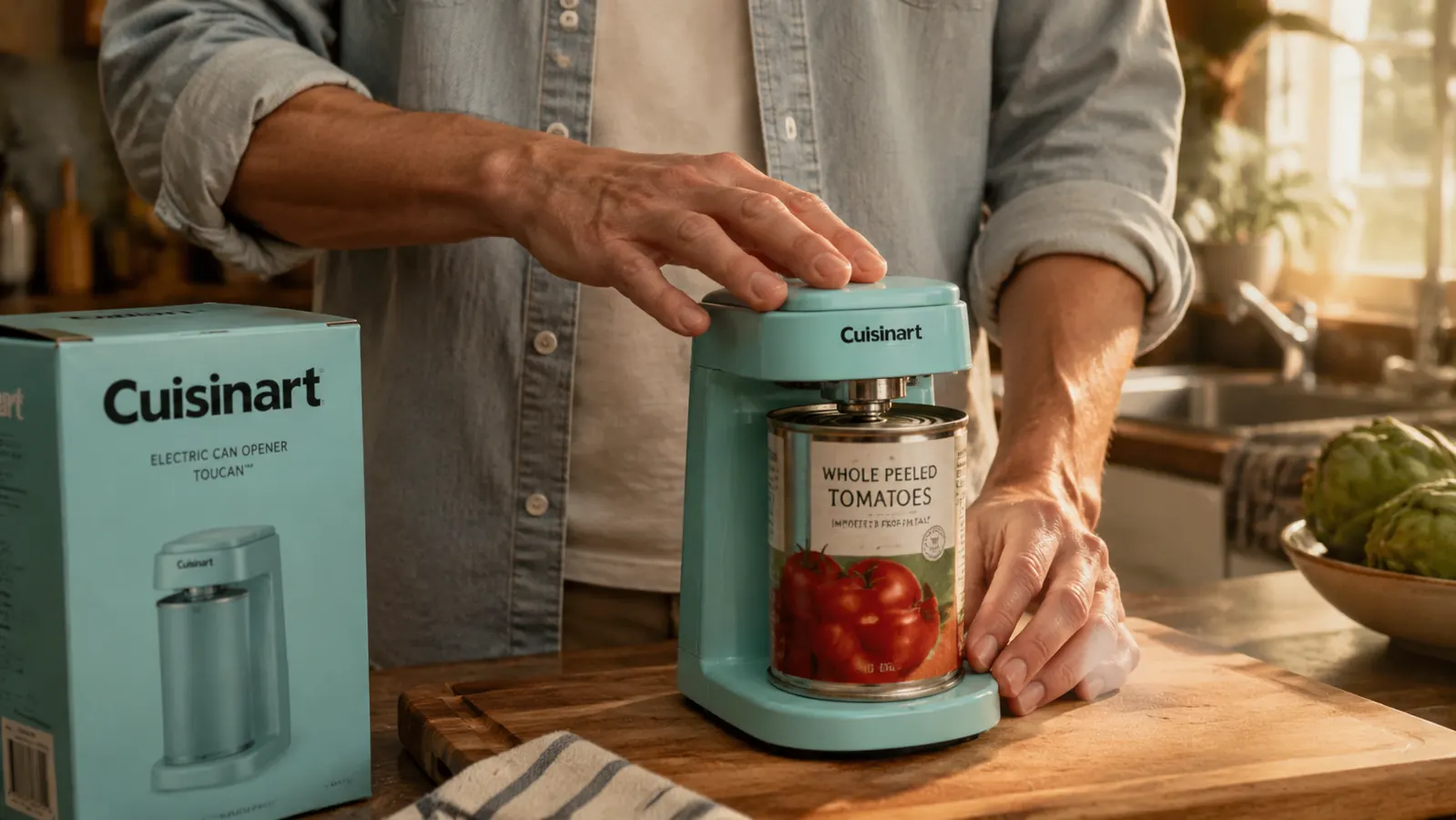 Person gently pressing the single button on the Cuisinart electric can opener with one finger, can already engaged