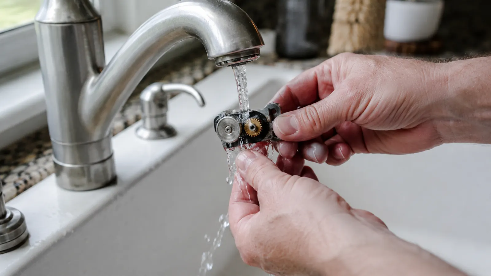Detached Cuisinart cutting arm rinsing under kitchen faucet, showing the removable cleaning piece