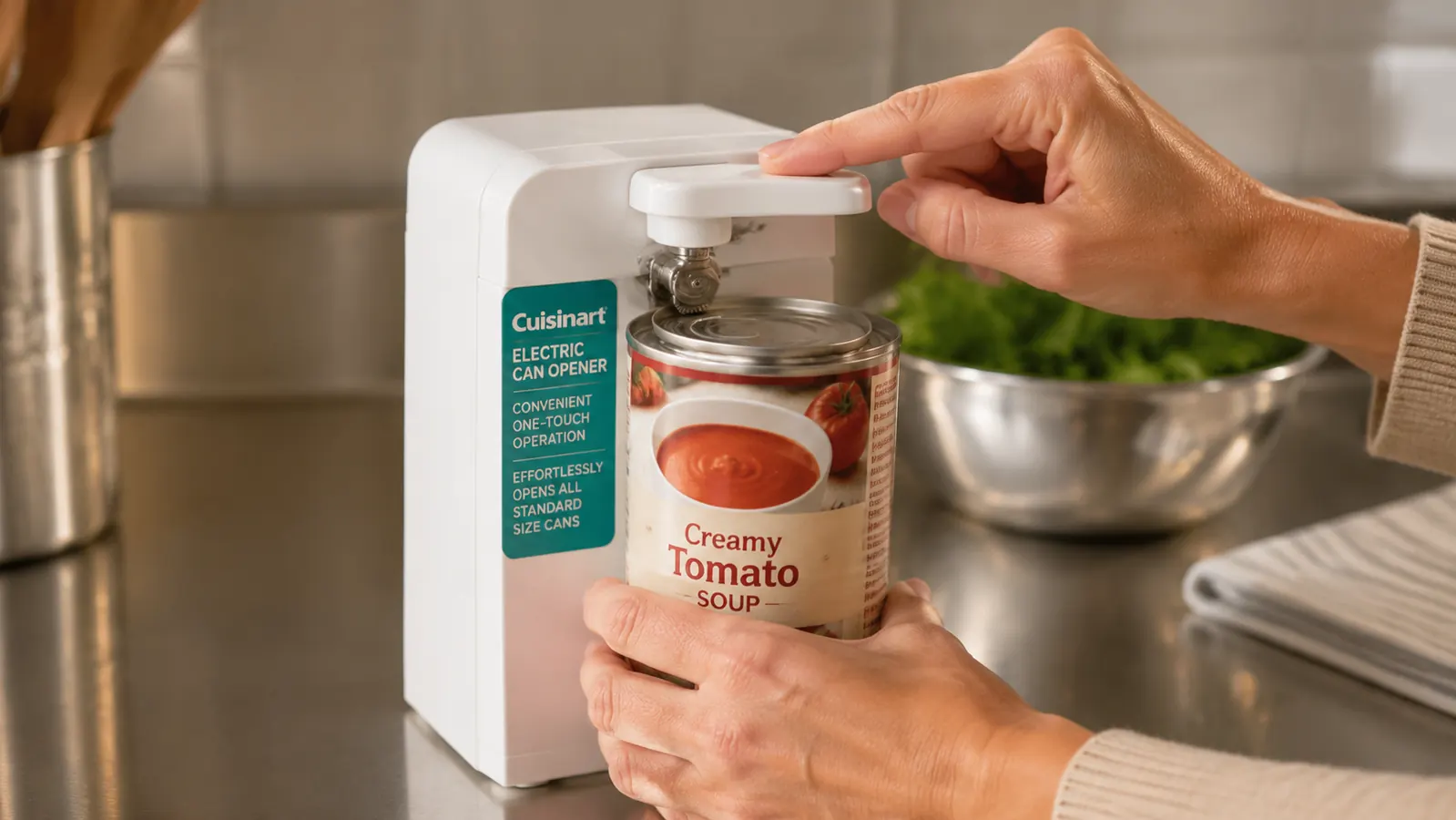 Hand placing a can under the Cuisinart electric can opener with one finger pressing the lever