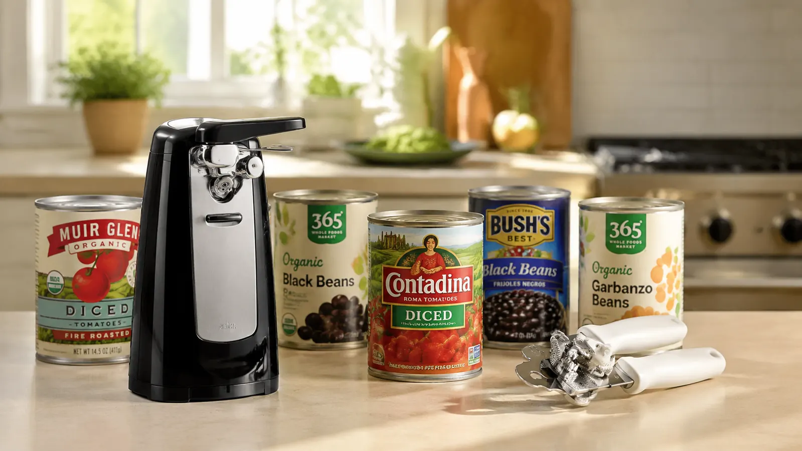 Electric can opener and manual can opener side by side on a kitchen counter next to a row of canned goods