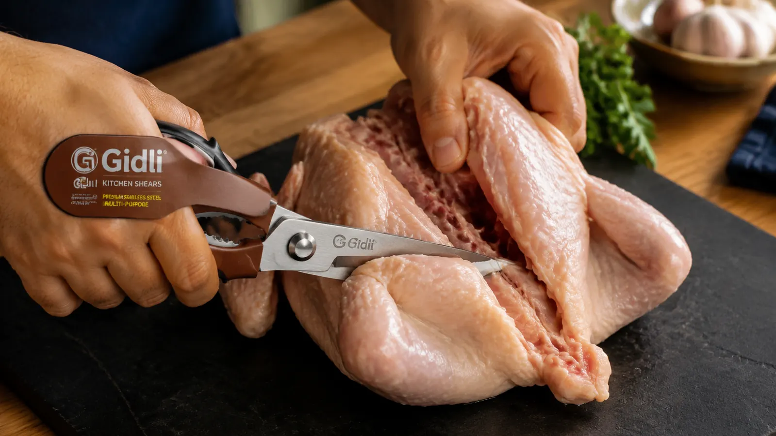 Hands using kitchen shears to cut through the backbone of a whole chicken on a cutting board