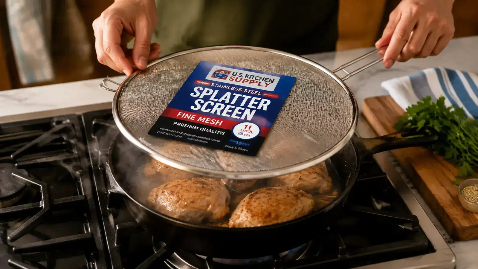 Hand holding a splatter screen over a frying pan of chicken thighs browning in oil on the stovetop