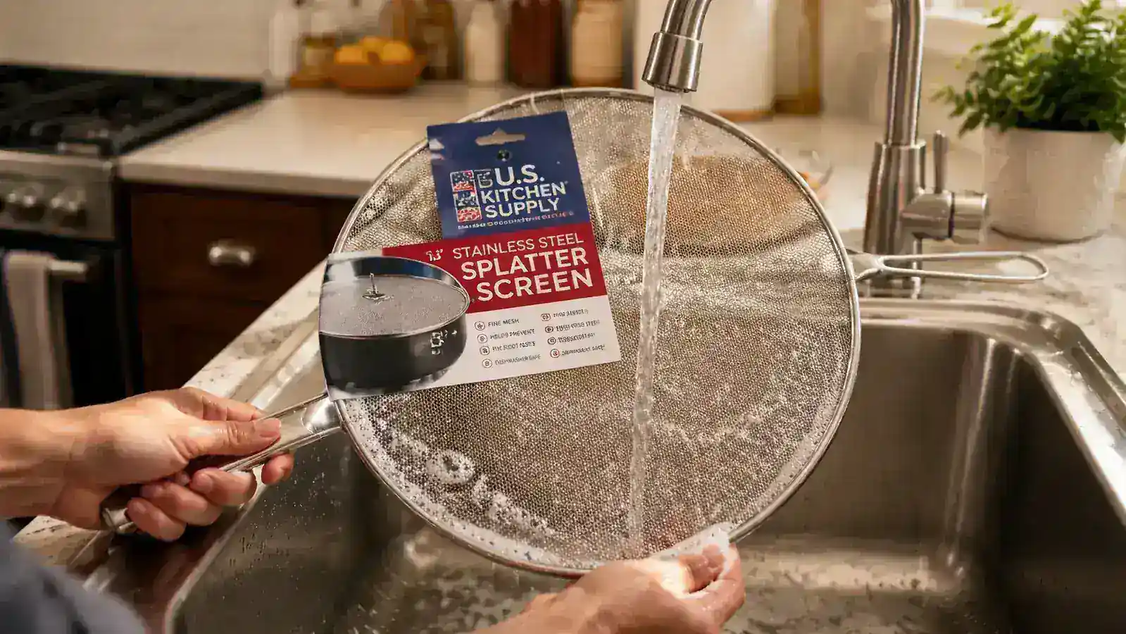 Splatter screen rinsing under running water in a kitchen sink, showing easy cleanup