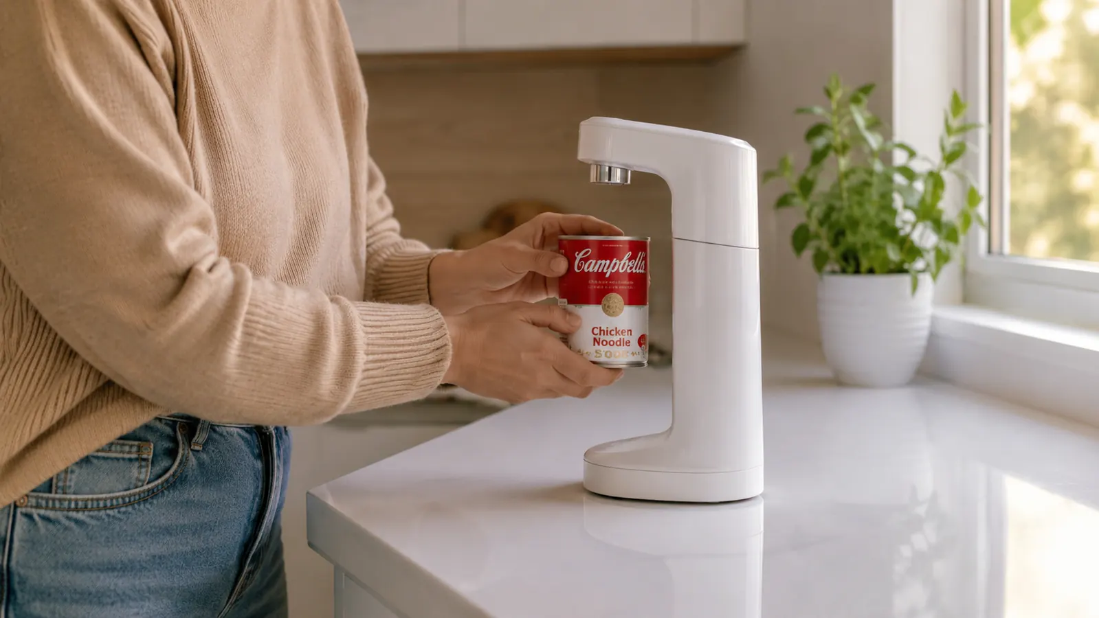 A person placing a can onto an electric can opener on a tidy kitchen counter with warm afternoon light