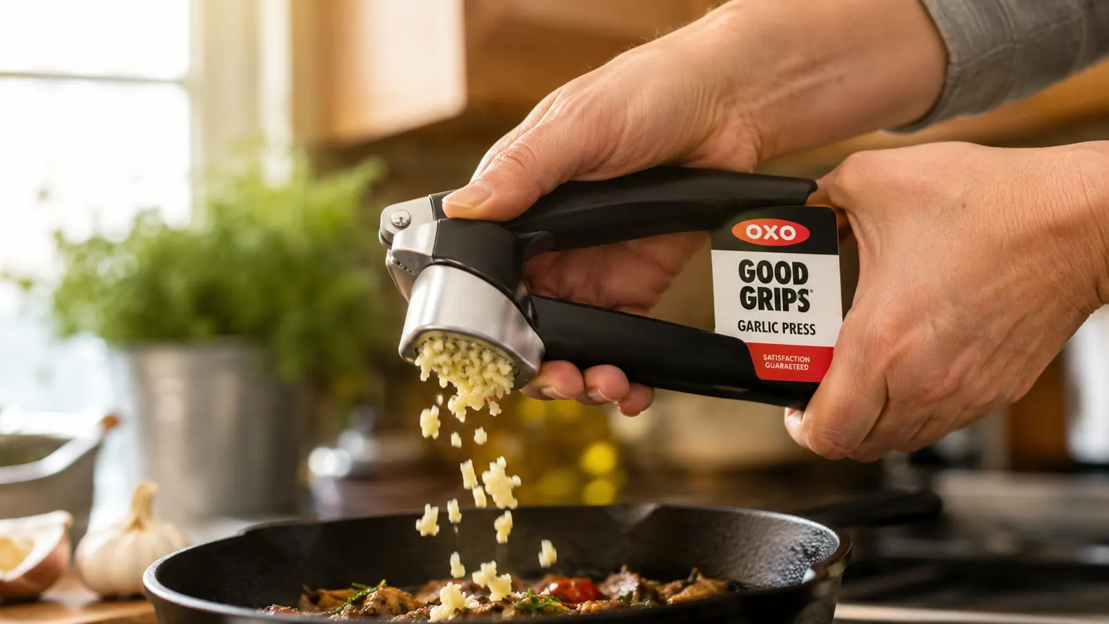 Hand pressing an unpeeled garlic clove into a garlic press over a skillet