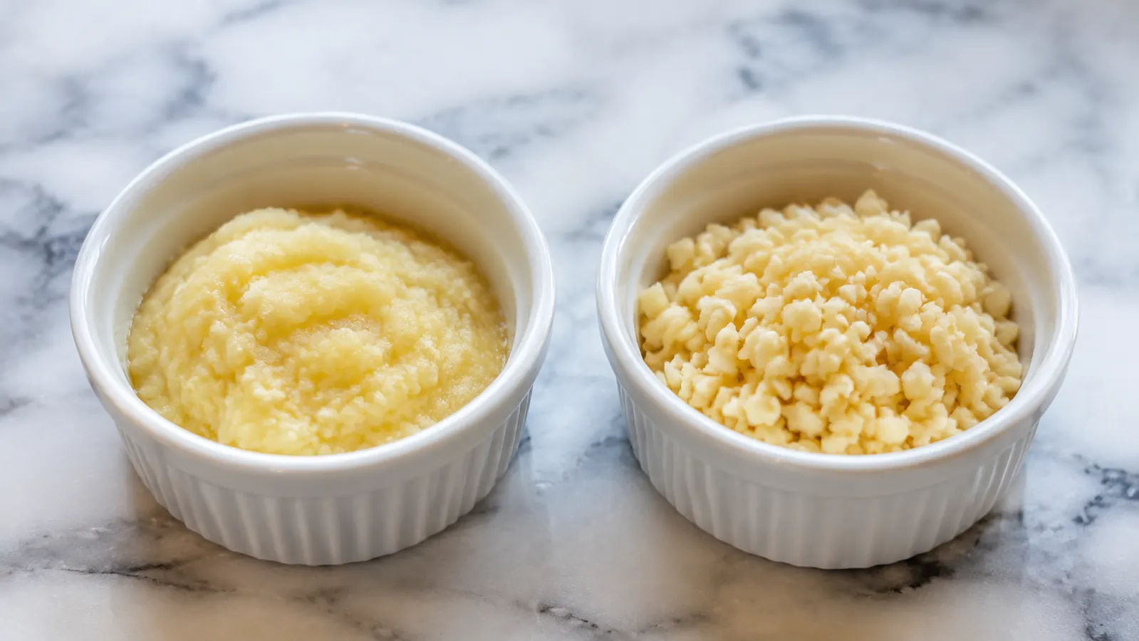 Comparison of minced garlic from a press versus rough-chopped garlic on a cutting board