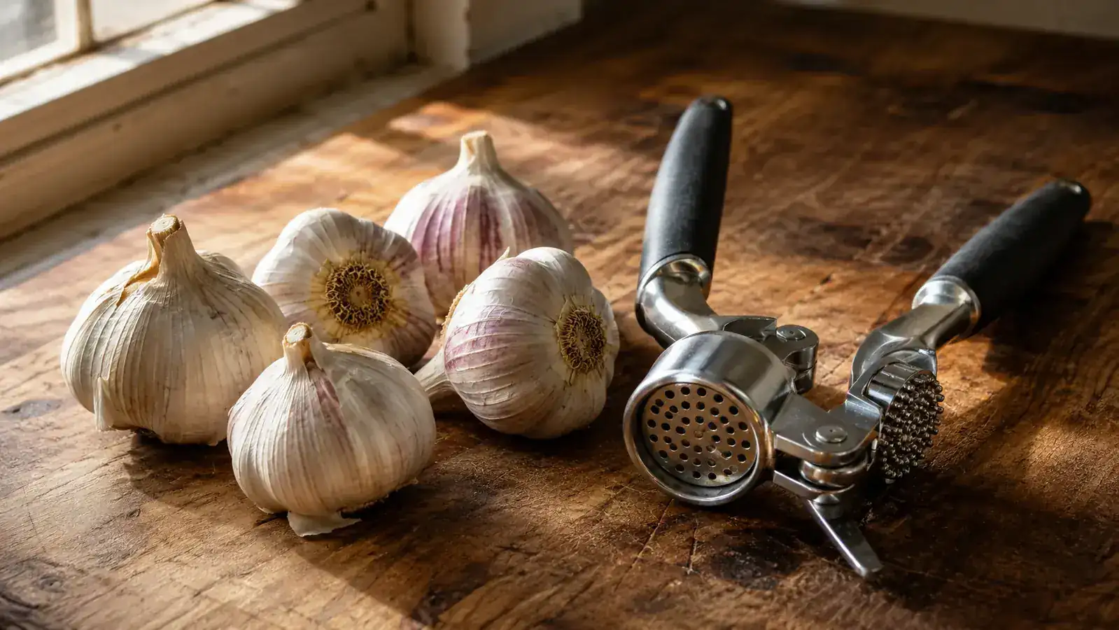 Fresh garlic bulbs and a garlic press on a wood cutting board in a home kitchen