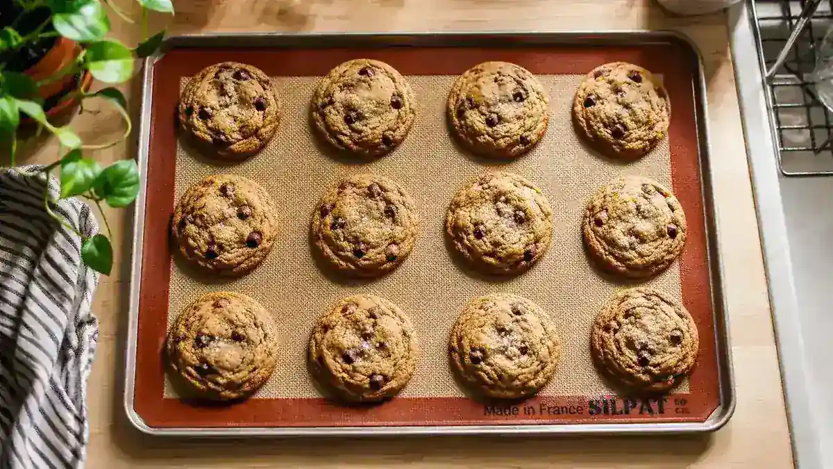 Perfectly golden cookies on a silicone baking mat set on a light wood kitchen counter
