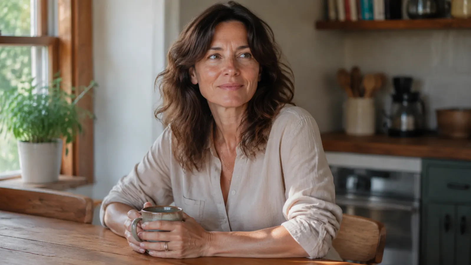 Woman sitting at a kitchen table with a cup of coffee, relaxed expression, morning light