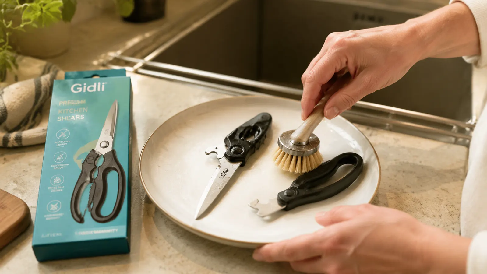 Kitchen shears disassembled into two separate blades for washing