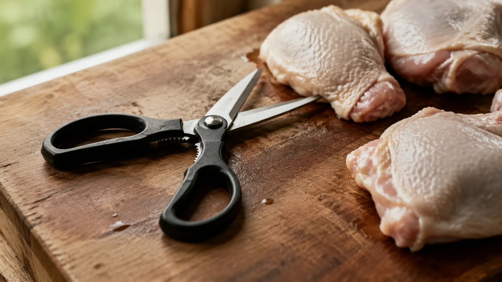Gidli kitchen shears resting on a wooden cutting board next to a halved chicken, natural kitchen light