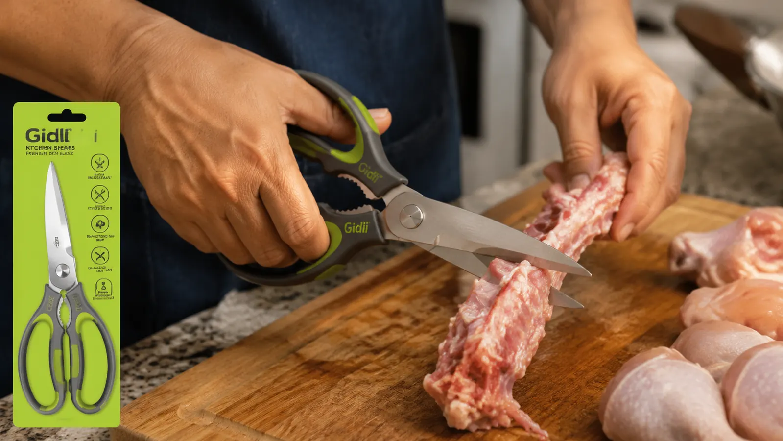 Hands using kitchen shears to cut through a chicken backbone on a cutting board
