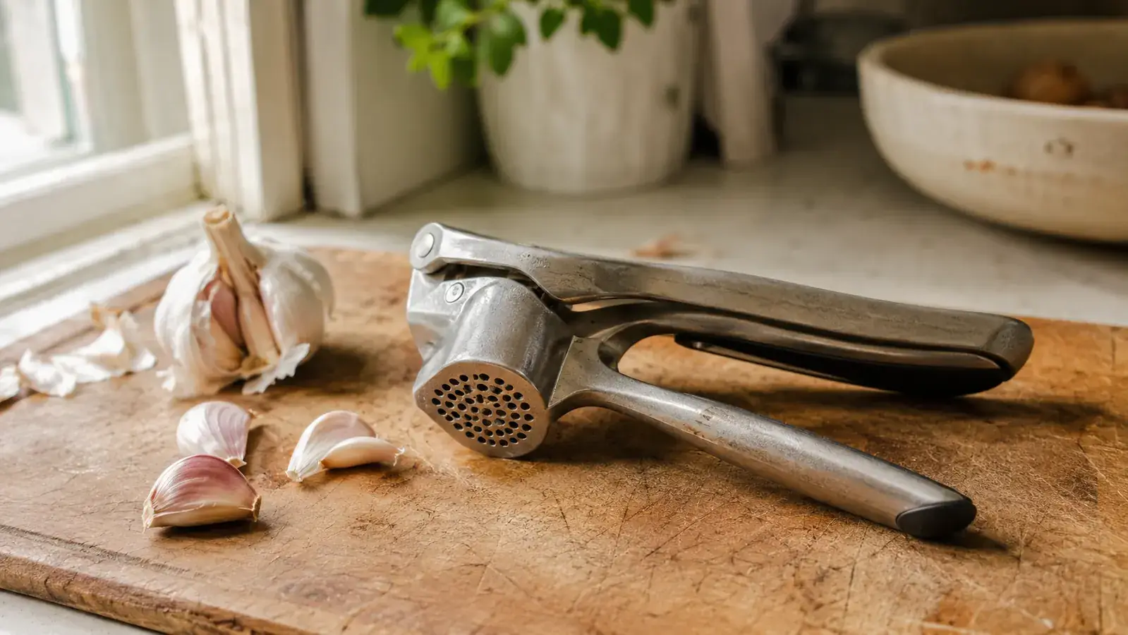 OXO Good Grips garlic press resting on a wooden cutting board next to three unpeeled garlic cloves