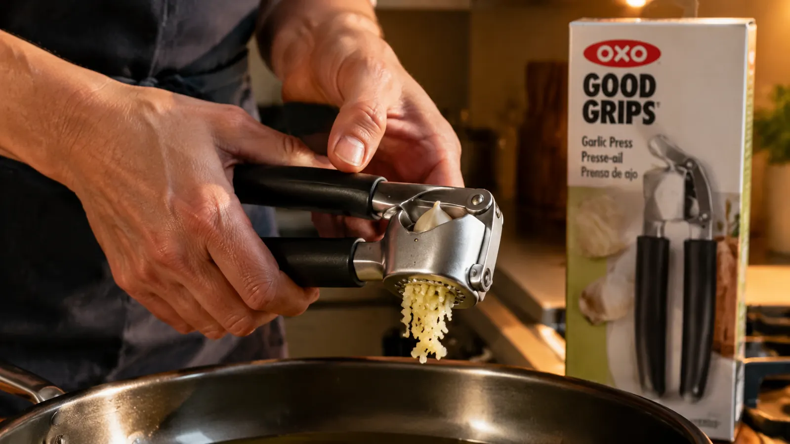 Hand pressing an unpeeled garlic clove through the OXO garlic press over a stainless skillet