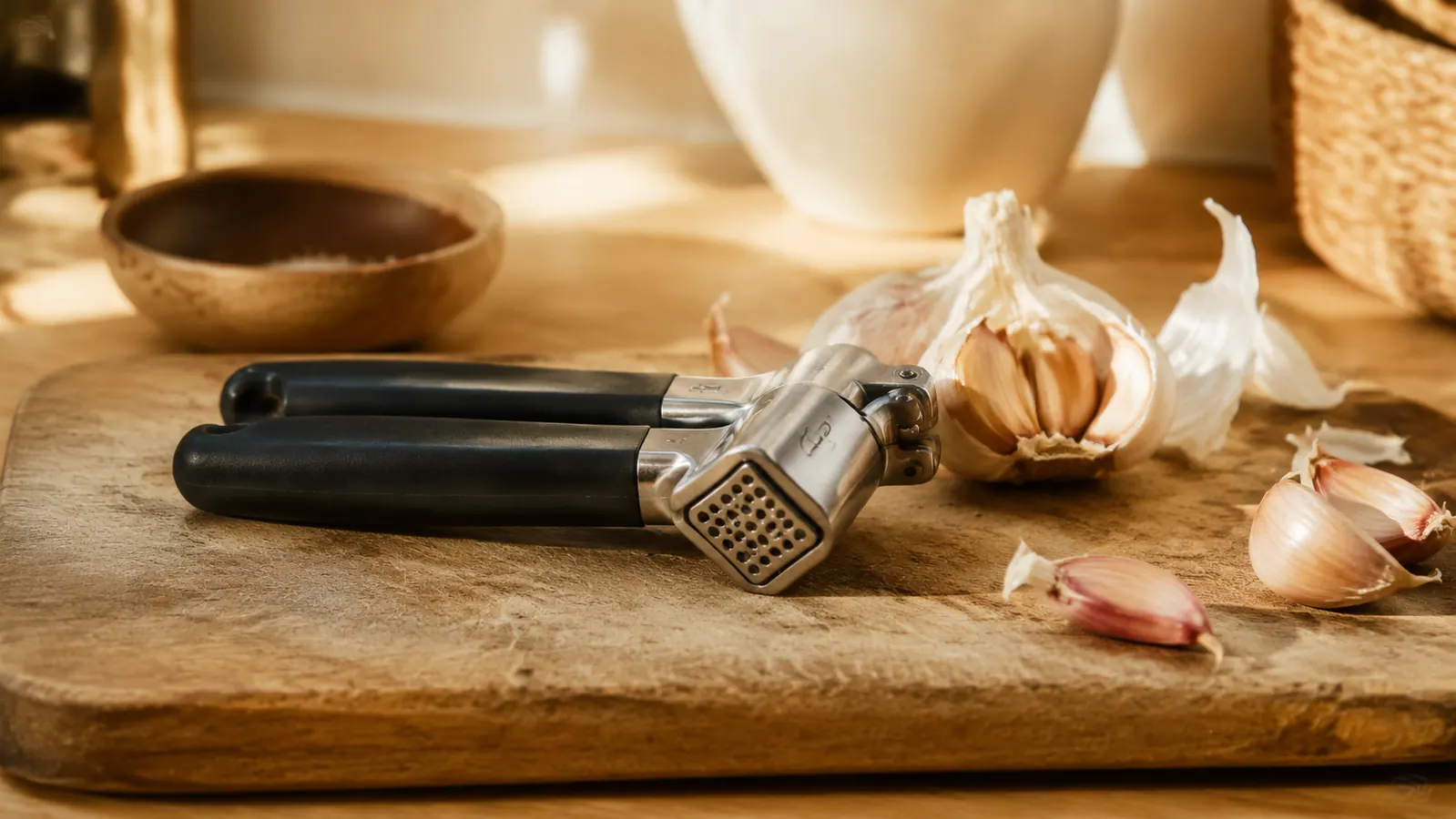OXO Good Grips garlic press resting on a worn wooden cutting board next to a bulb of garlic and scattered loose cloves, warm kitchen light