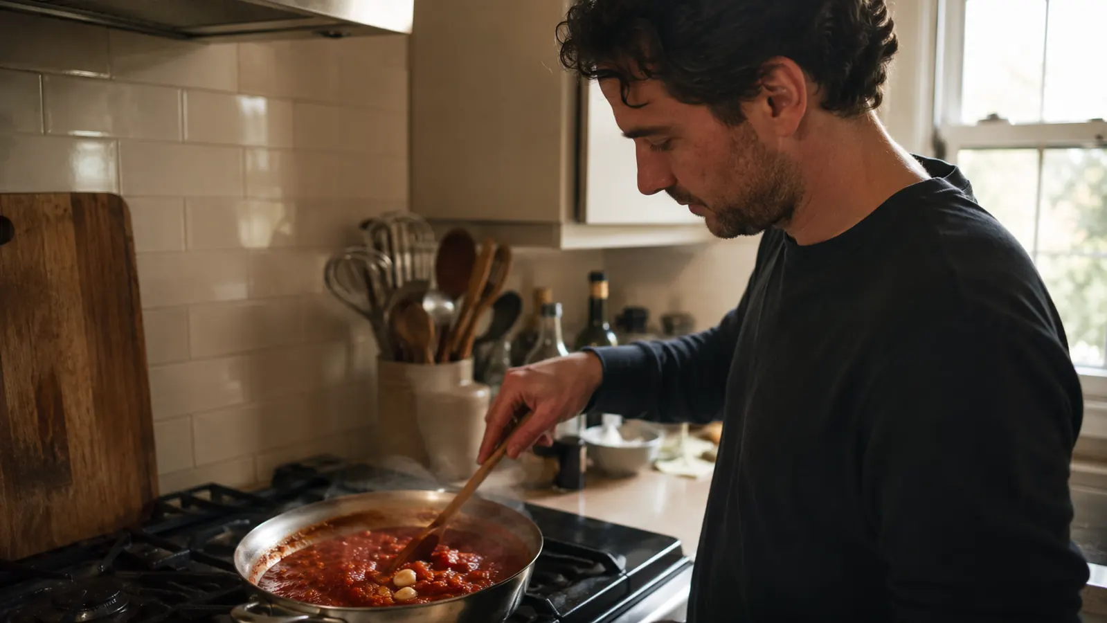 A home cook standing at the stove stirring a garlic-and-herb pasta sauce in a well-lit kitchen