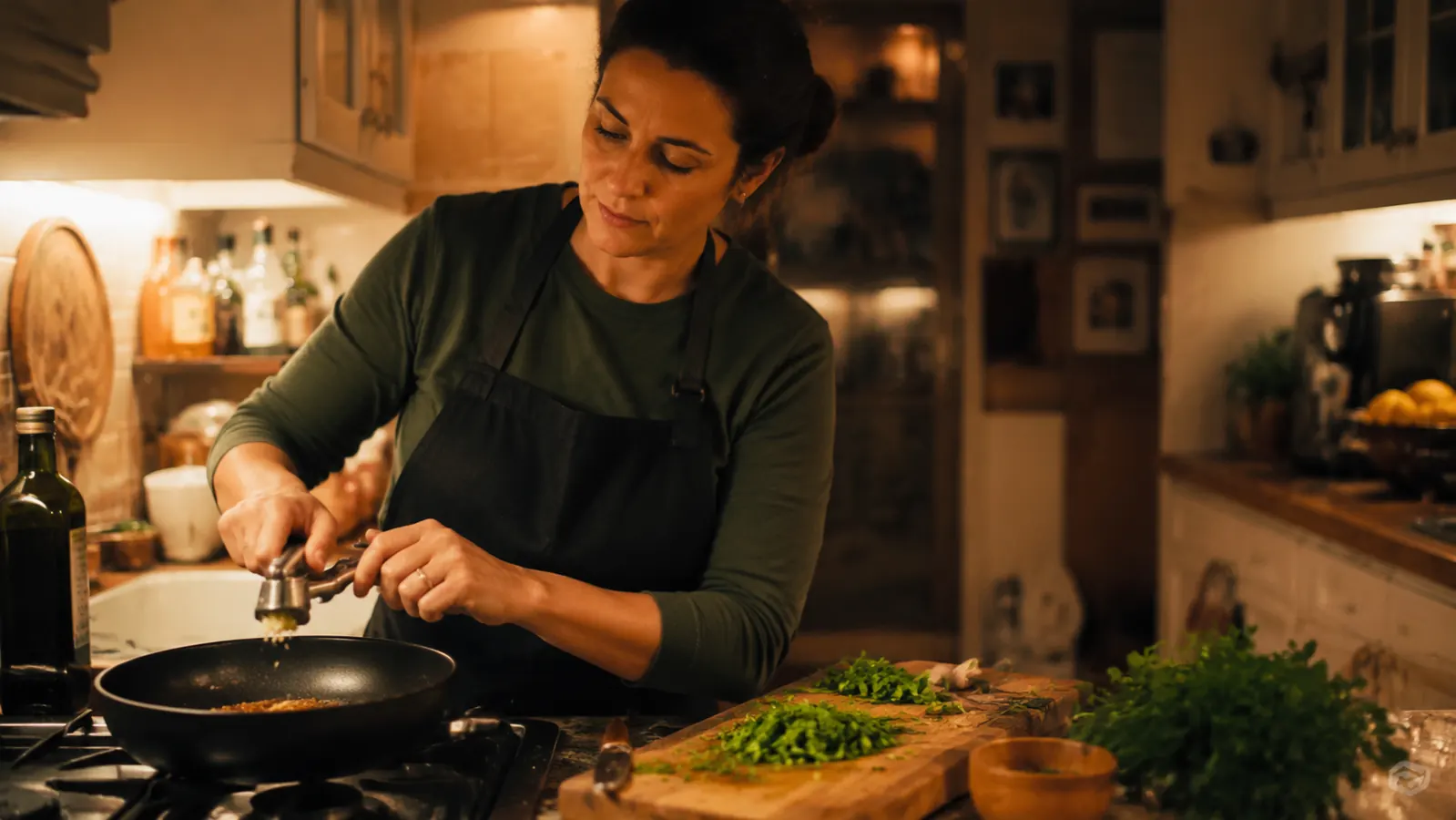 Hands pressing a garlic clove over a cutting board with a stainless pan on the stove in soft evening kitchen light
