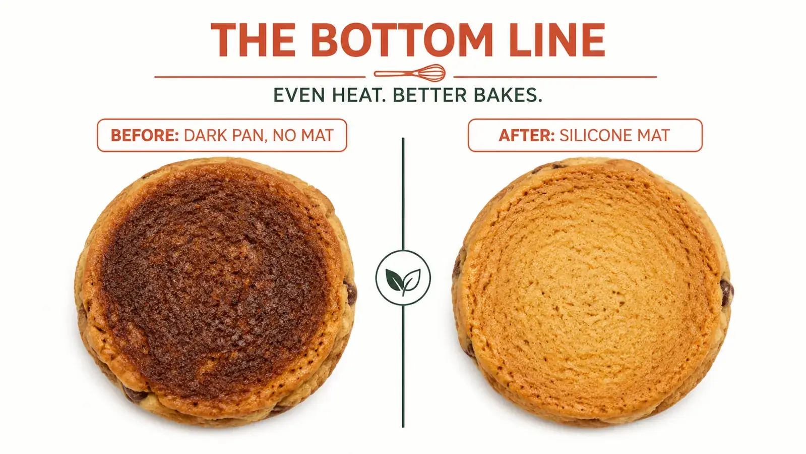 Side by side comparison of a burnt cookie bottom versus an evenly baked cookie bottom