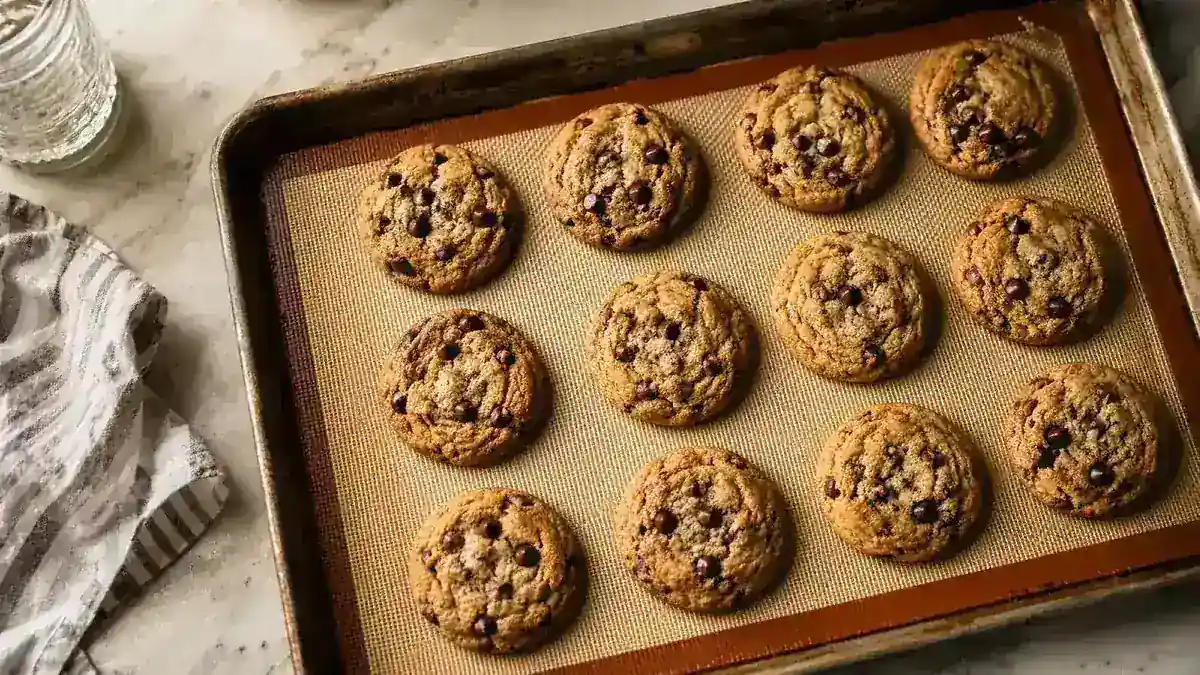 A tray of evenly golden chocolate chip cookies fresh from the oven on a silicone baking mat