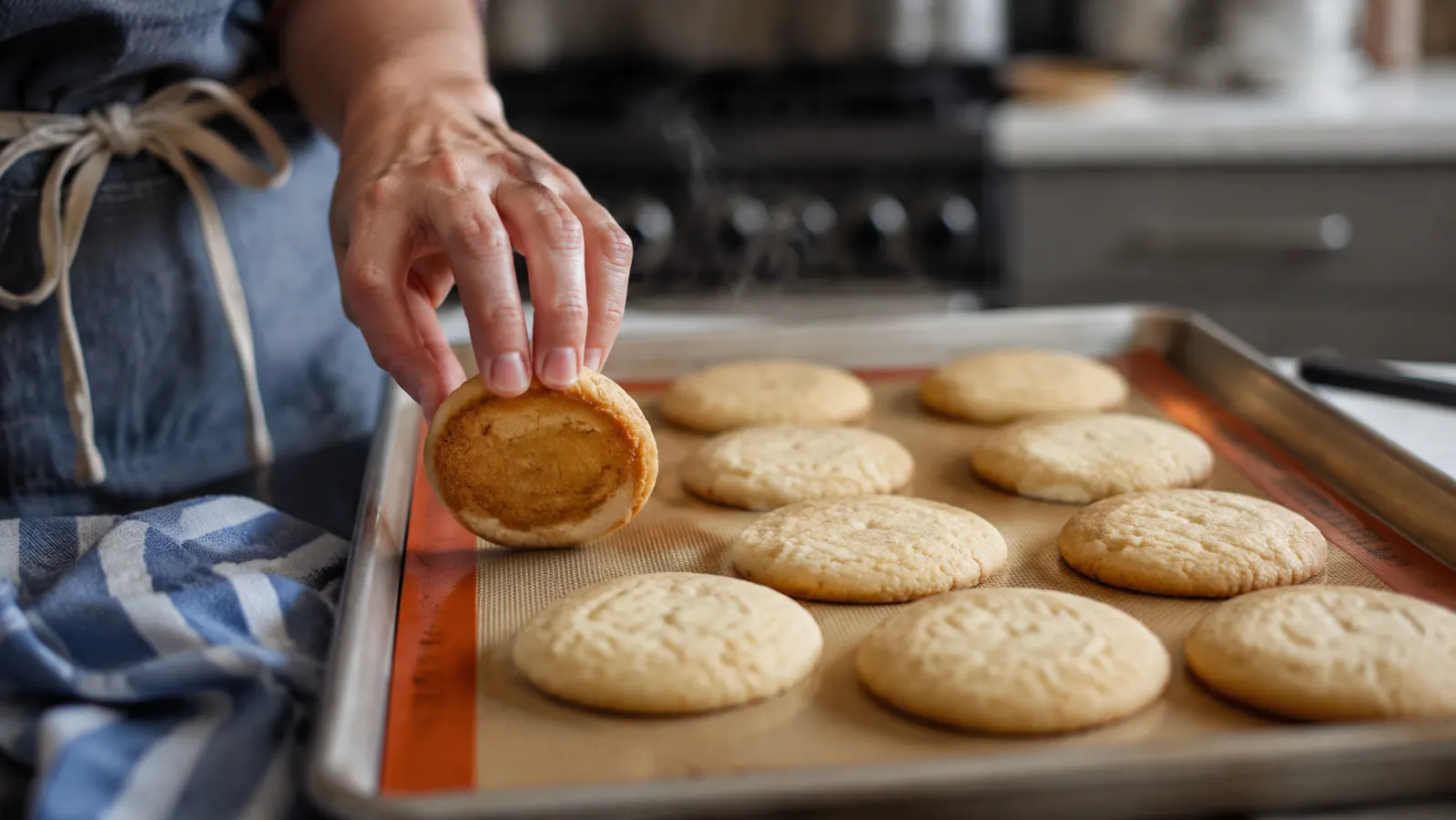 Twelve evenly browned sugar cookies on a silicone baking mat fresh from the oven