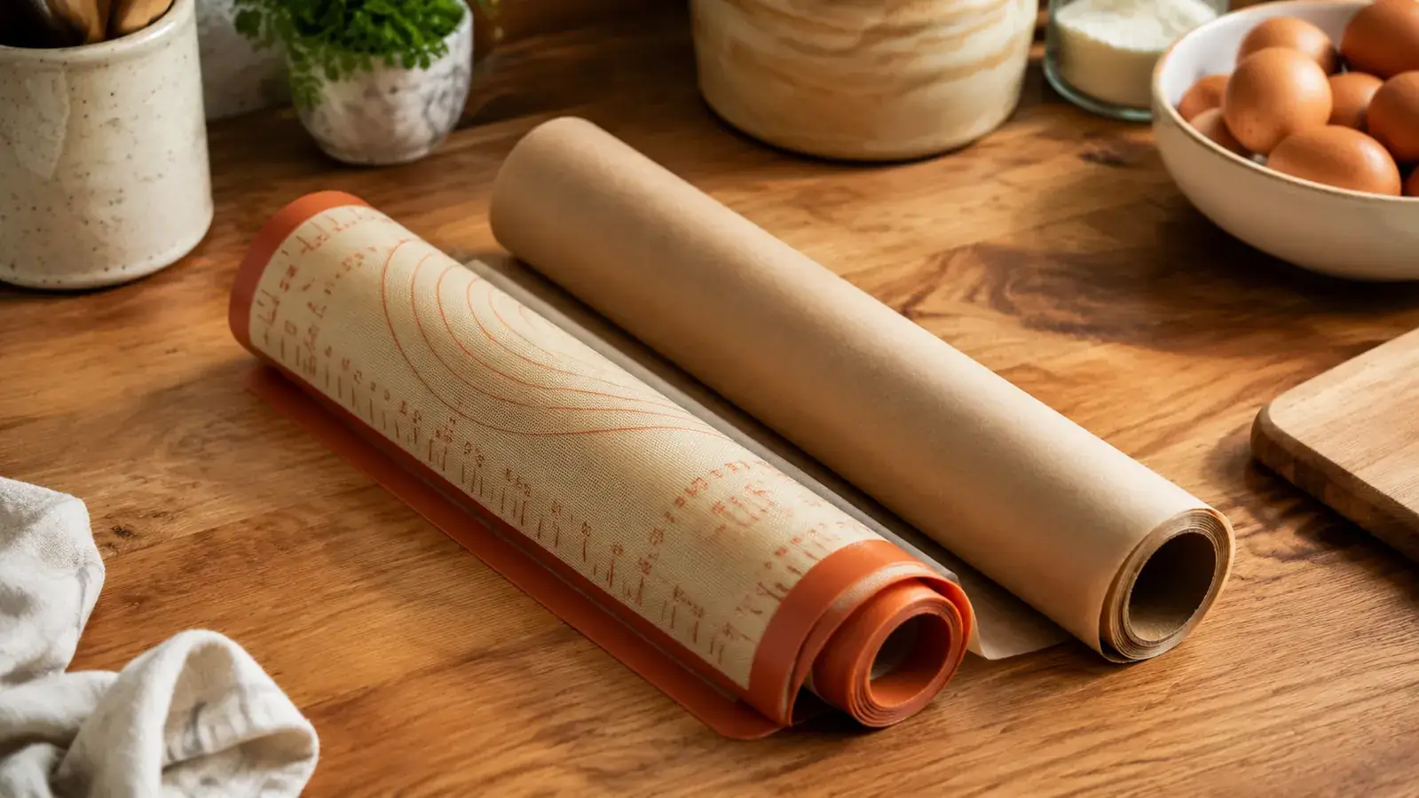 Silicone baking mat and a roll of parchment paper side by side on a wooden kitchen counter