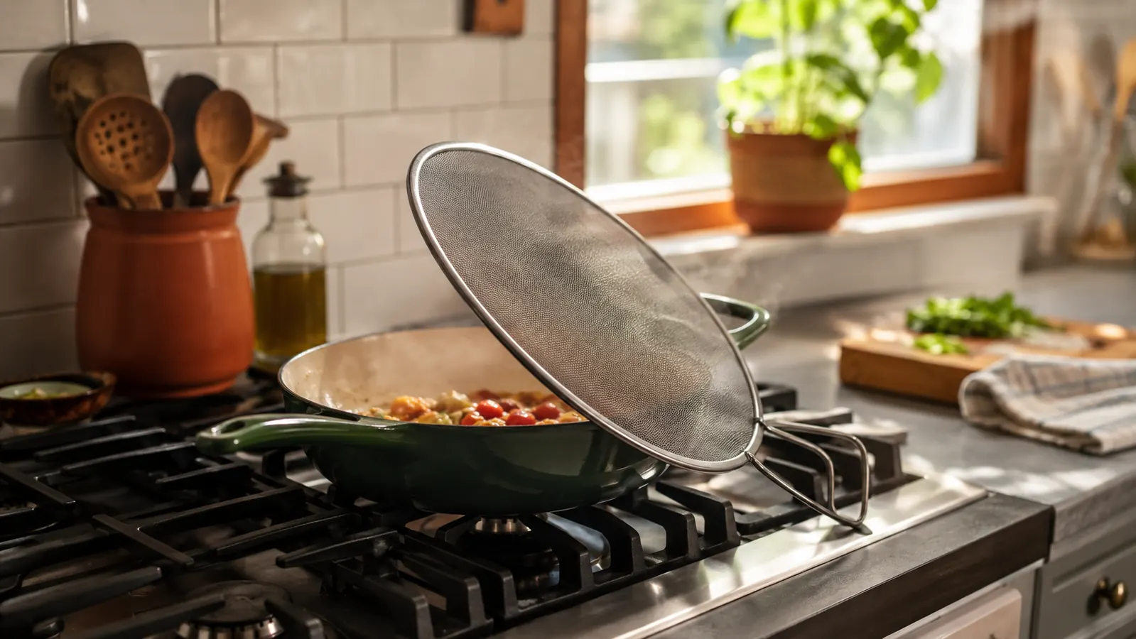 Clean stovetop with a stainless steel splatter screen resting beside a cast iron skillet
