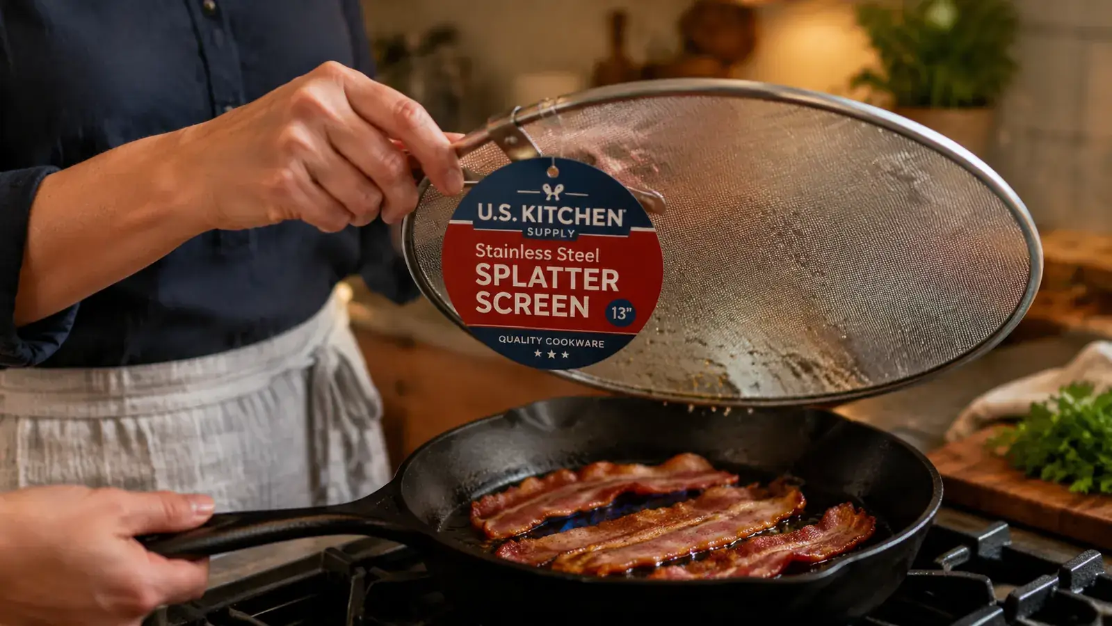 Hand lifting the U.S. Kitchen Supply splatter screen by its handle off a frying pan with sizzling bacon