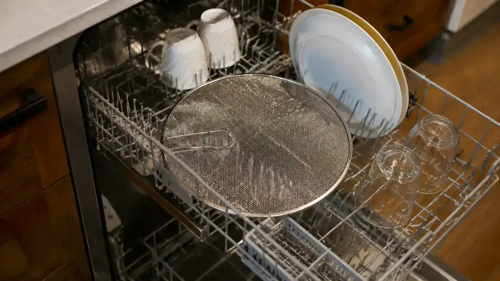 Splatter screen laid flat in a dishwasher rack between dinner plates