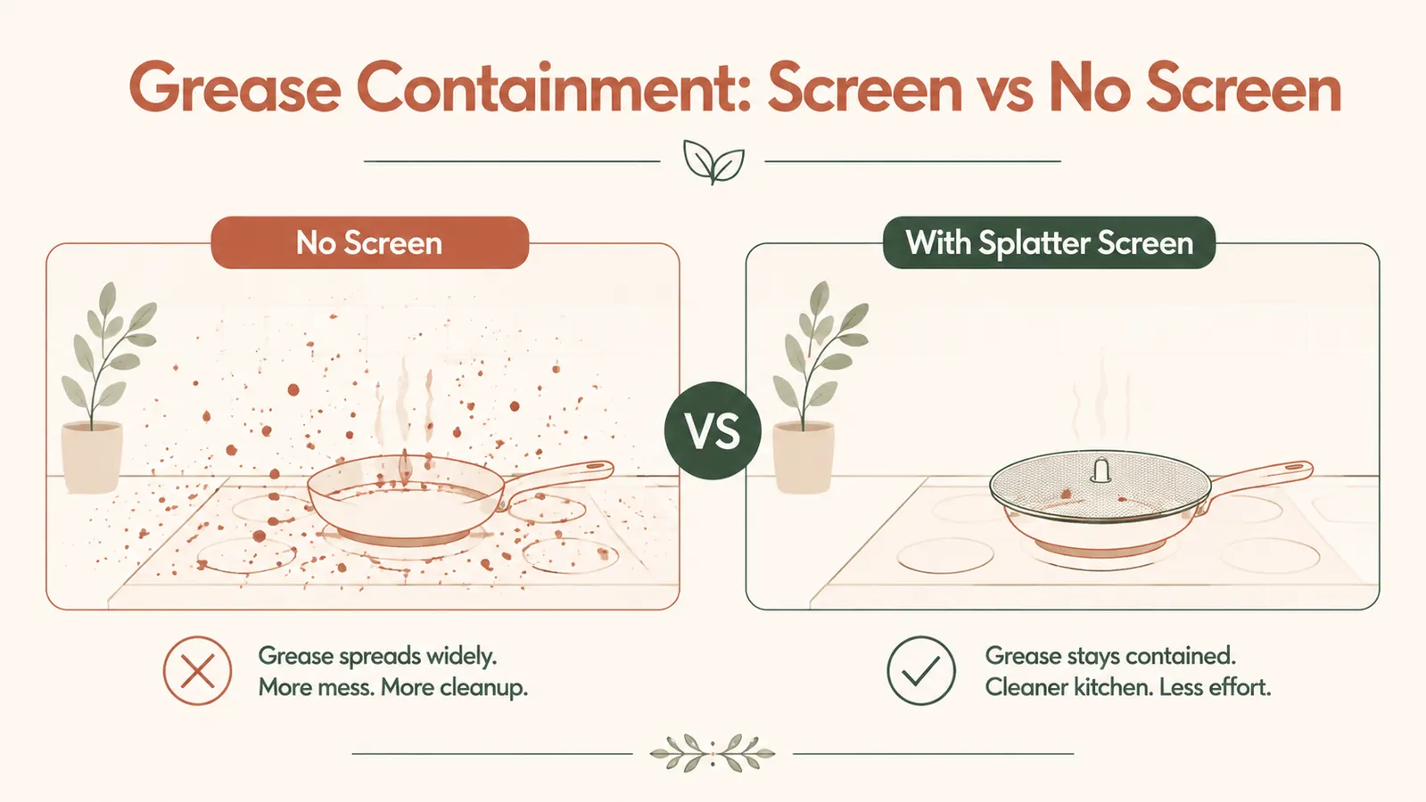 Infographic comparing stovetop grease splatter with and without a splatter screen
