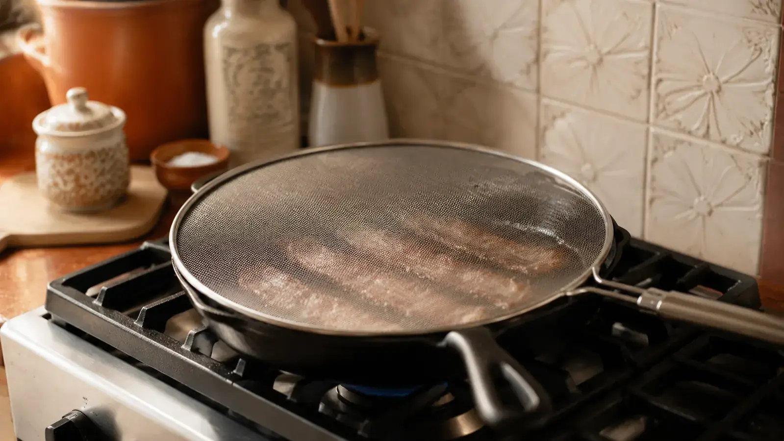 Stainless steel mesh splatter screen resting on a skillet over a gas burner with bacon frying underneath, warm morning kitchen light