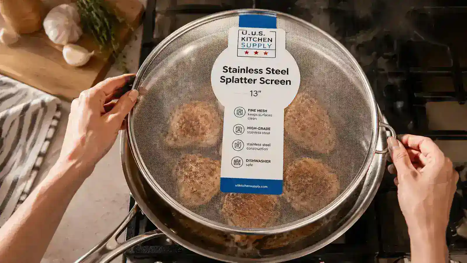 Hand placing splatter screen over a pan of frying chicken thighs, showing the fine mesh detail