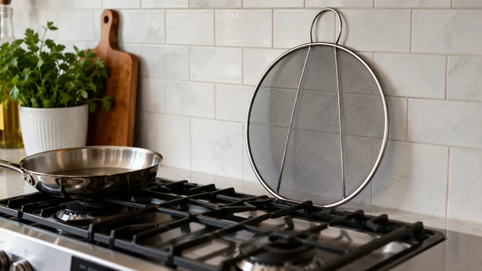 Clean stovetop with splatter screen leaning against the backsplash after frying, no grease visible