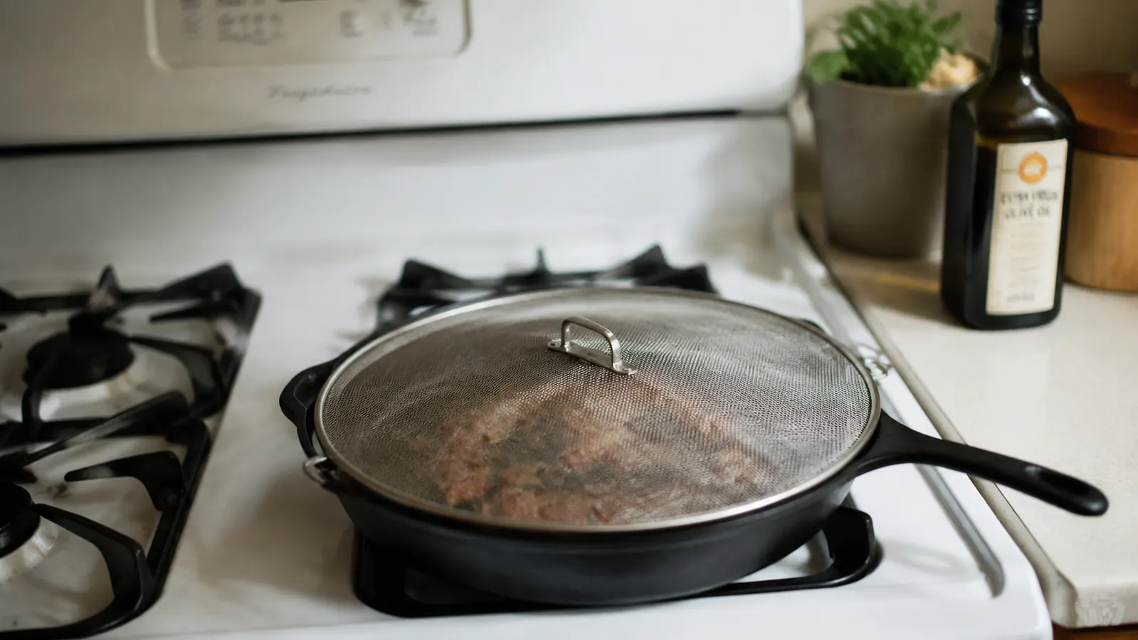 Splatter screen resting on a stainless skillet with bacon sizzling inside, stovetop clean around it